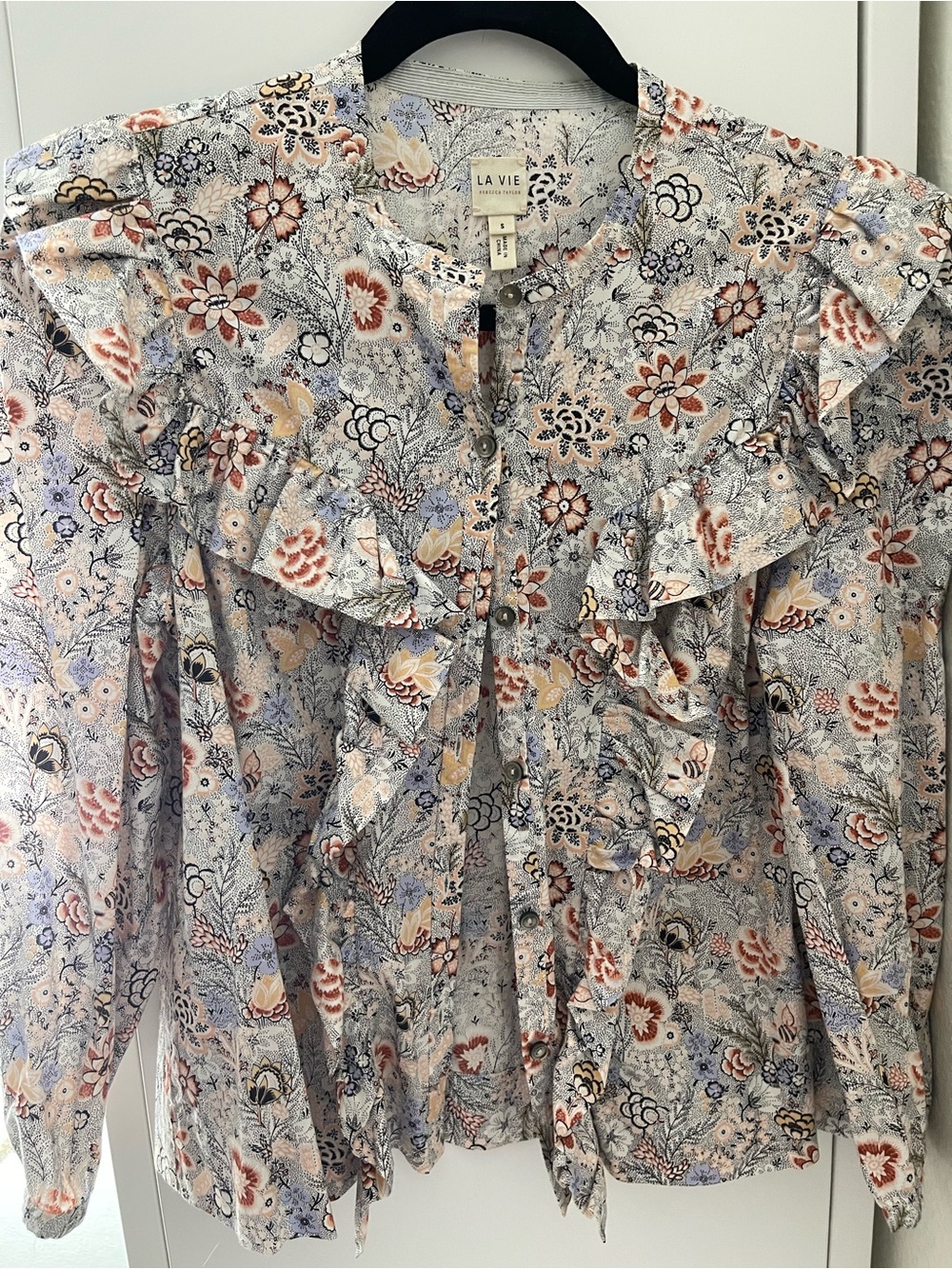 Rebecca Taylor Floral Ruffle Button-Front Blouse in Cream, Blush & Dusty Blue
